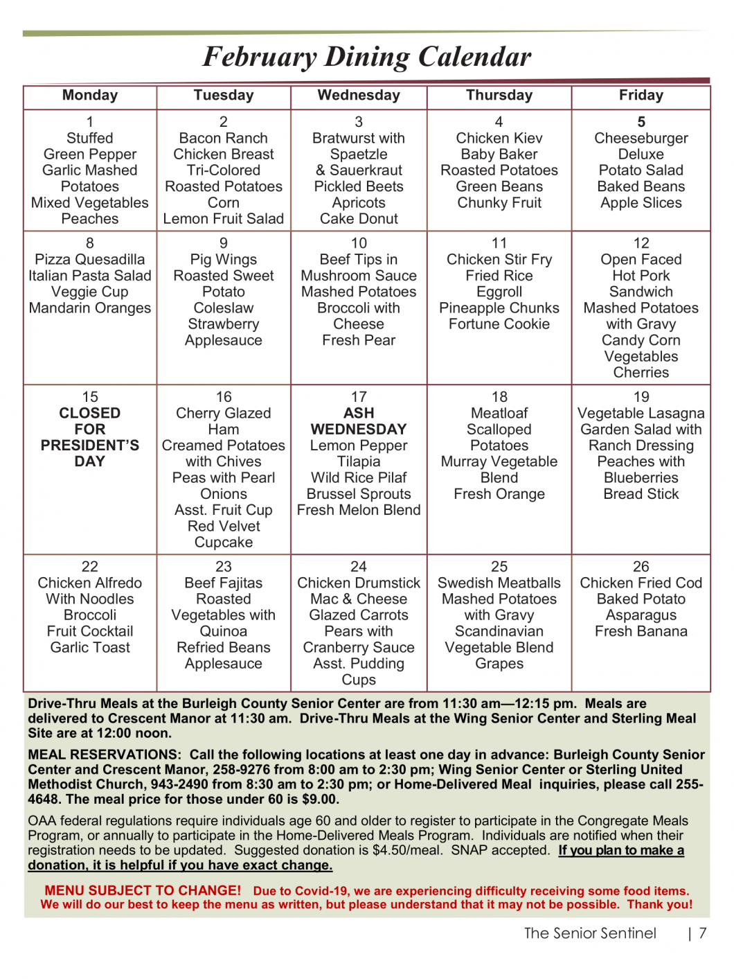 Dining Calendar Burleigh County Senior Adults Program