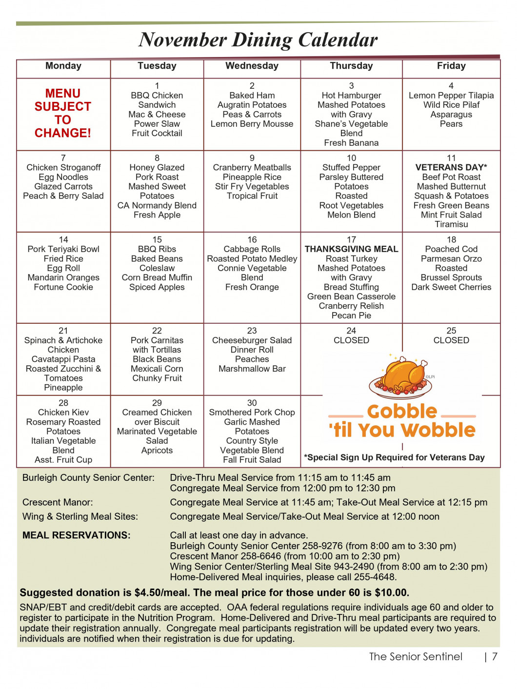 Dining Calendar Burleigh County Senior Adults Program