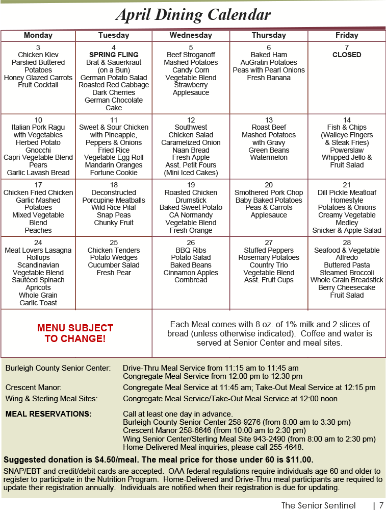 Dining Calendar Burleigh County Senior Adults Program